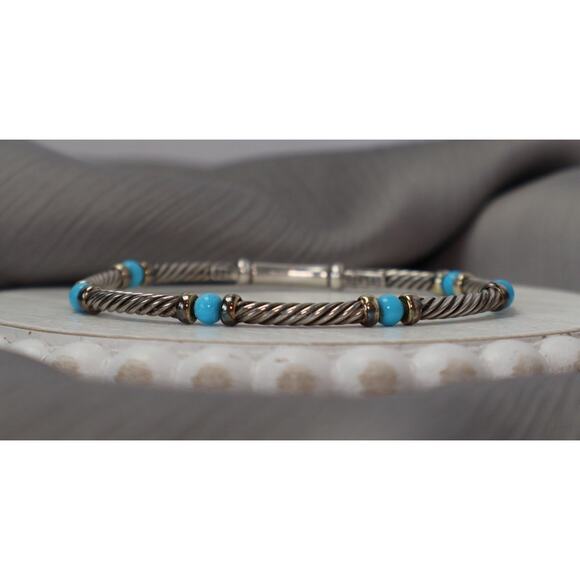 David Yurman 925 & 14k Turquoise Bead Cable Bracelet 9.73G / 6.75In - Picture 1 of 8